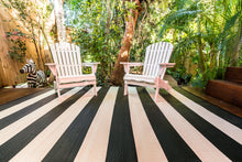 Load image into Gallery viewer, Bold Yet Elegant Black and White Stripe 200 × 270 reversible woven polypropylene outdoor rug for caravans, camping, patios and outdoor entertaining in New Zealand